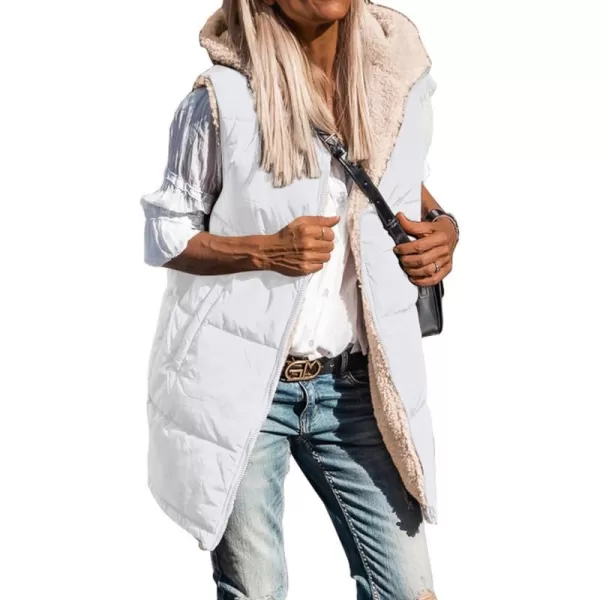 imageBTFBM Women Fall Reversible Vests Sleeveless Sherpa Fleece Jacket Zip Up Hoodie Long Warm Winter Padded Coat OuterwearSolid White