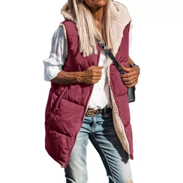 imageBTFBM Women Fall Reversible Vests Sleeveless Sherpa Fleece Jacket Zip Up Hoodie Long Warm Winter Padded Coat OuterwearSolid Wine Red