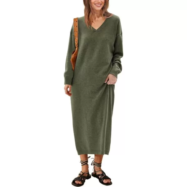 imageBTFBM Women Fall Sweater Dress V Neck Long Sleeve Slit Maxi Dresses Casual Knit Oversized Sweaters 2023 Winter ClothesSolid Army Green