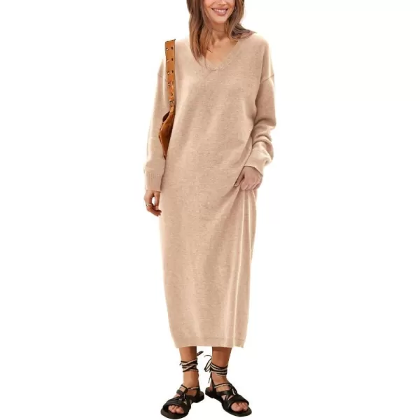 imageBTFBM Women Fall Sweater Dress V Neck Long Sleeve Slit Maxi Dresses Casual Knit Oversized Sweaters 2023 Winter ClothesSolid Beige