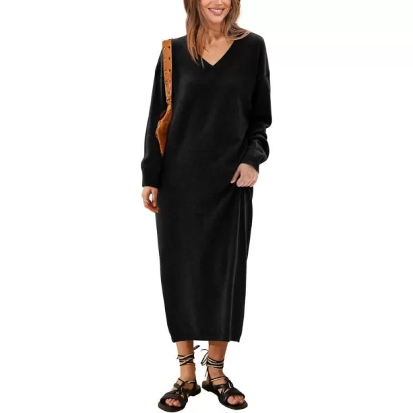 imageBTFBM Women Fall Sweater Dress V Neck Long Sleeve Slit Maxi Dresses Casual Knit Oversized Sweaters 2023 Winter ClothesSolid Black