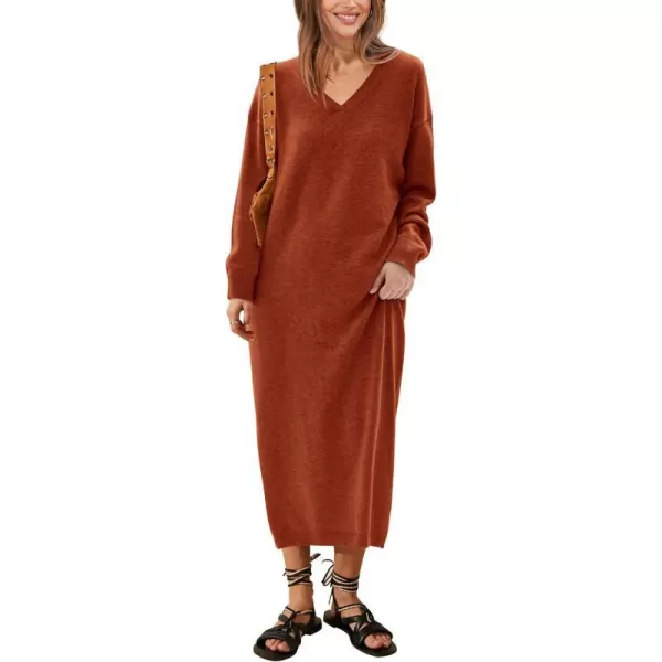 imageBTFBM Women Fall Sweater Dress V Neck Long Sleeve Slit Maxi Dresses Casual Knit Oversized Sweaters 2023 Winter ClothesSolid Caramel