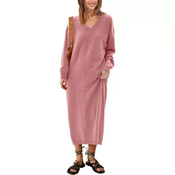 imageBTFBM Women Fall Sweater Dress V Neck Long Sleeve Slit Maxi Dresses Casual Knit Oversized Sweaters 2023 Winter ClothesSolid Pink
