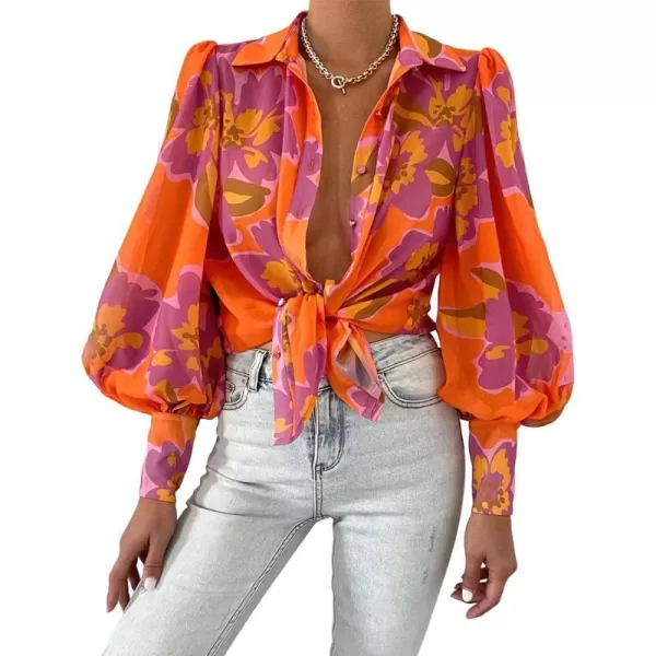 imageBTFBM Women Fashion Button Down Shirts Lapel V Neck Printed Boho Long Sleeve Blouses Dressy Casual Summer Spring TopsFloral Orange Purple
