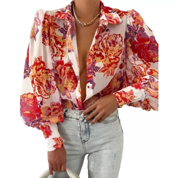 imageBTFBM Women Fashion Button Down Shirts Lapel V Neck Printed Boho Long Sleeve Blouses Dressy Casual Summer Spring TopsFloral White Red