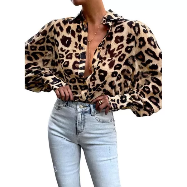 imageBTFBM Women Fashion Button Down Shirts Lapel V Neck Printed Boho Long Sleeve Blouses Dressy Casual Summer Spring TopsLeopard Print