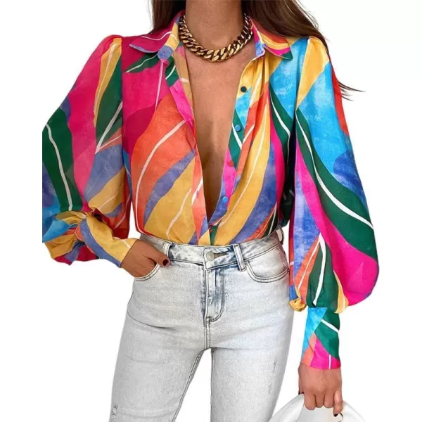 imageBTFBM Women Fashion Button Down Shirts Lapel V Neck Printed Boho Long Sleeve Blouses Dressy Casual Summer Spring TopsMulticolored
