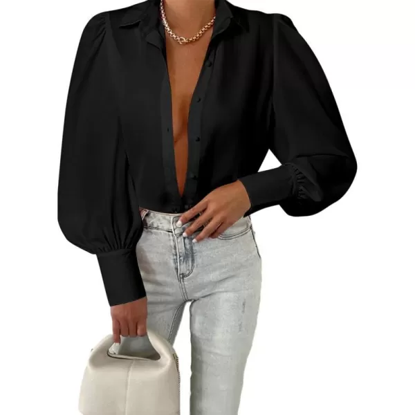 imageBTFBM Women Fashion Button Down Shirts Lapel V Neck Printed Boho Long Sleeve Blouses Dressy Casual Summer Spring TopsSolid Black