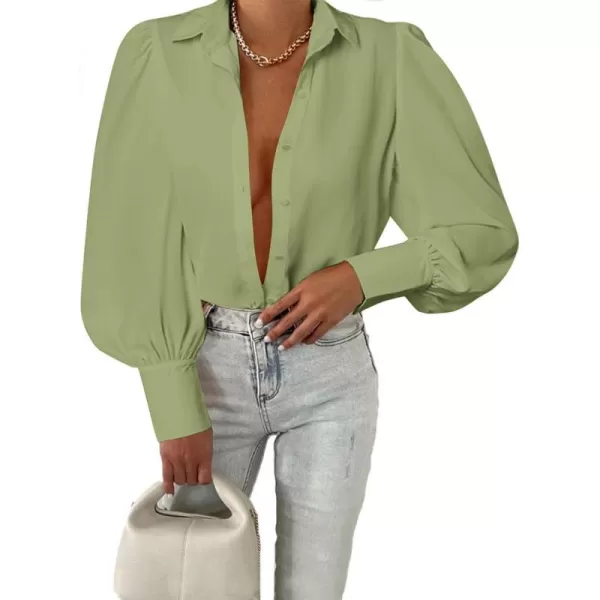 imageBTFBM Women Fashion Button Down Shirts Lapel V Neck Printed Boho Long Sleeve Blouses Dressy Casual Summer Spring TopsSolid Green