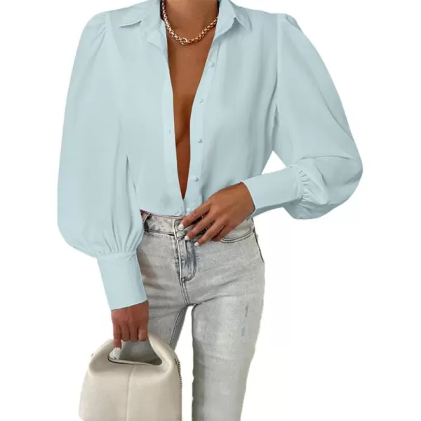 imageBTFBM Women Fashion Button Down Shirts Lapel V Neck Printed Boho Long Sleeve Blouses Dressy Casual Summer Spring TopsSolid Light Blue