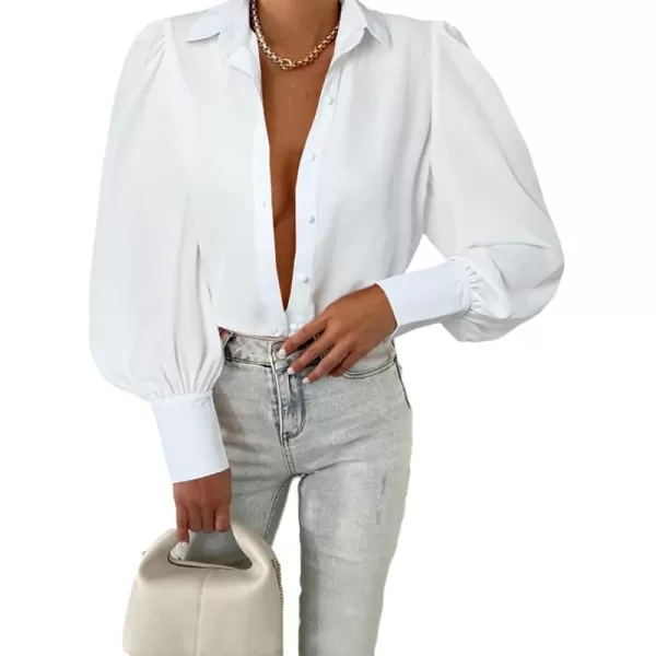 imageBTFBM Women Fashion Button Down Shirts Lapel V Neck Printed Boho Long Sleeve Blouses Dressy Casual Summer Spring TopsSolid White