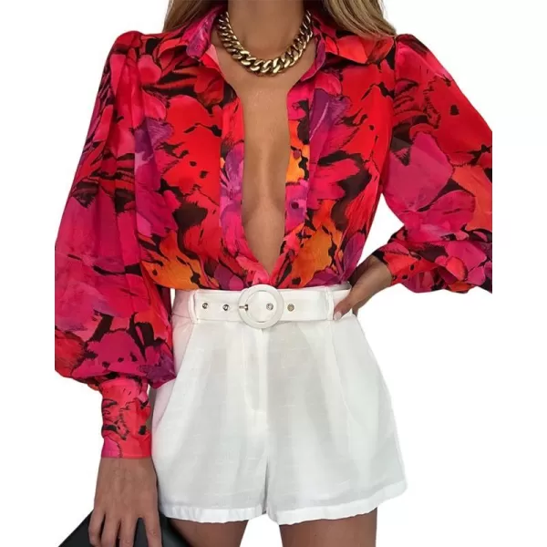 imageBTFBM Women Fashion Button Down Shirts Lapel V Neck Printed Casual Long Sleeve Blouse Boho Dressy Summer Fall Tops 2023Floral Red