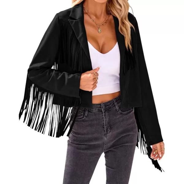 imageBTFBM Women Fashion Cropped Tassel Fringe Faux Suede Leather Jacket Fall Winter Long Sleeve Lapel Neck Moto Coat OutwearSolid Black