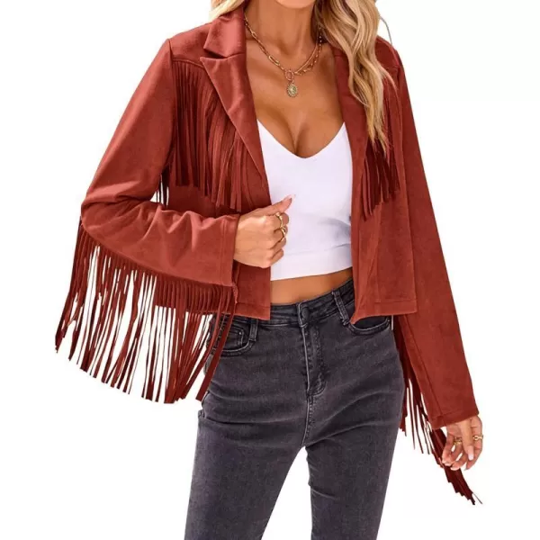 imageBTFBM Women Fashion Cropped Tassel Fringe Faux Suede Leather Jacket Fall Winter Long Sleeve Lapel Neck Moto Coat OutwearSolid Brick Red