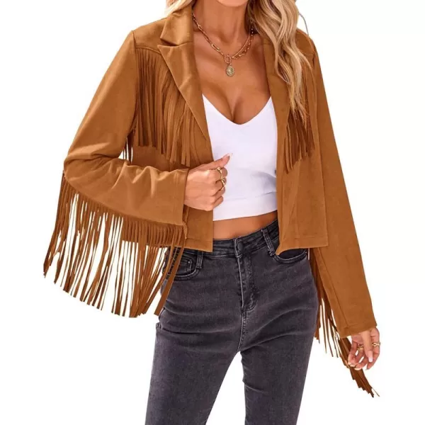 imageBTFBM Women Fashion Cropped Tassel Fringe Faux Suede Leather Jacket Fall Winter Long Sleeve Lapel Neck Moto Coat OutwearSolid Brown Yellow