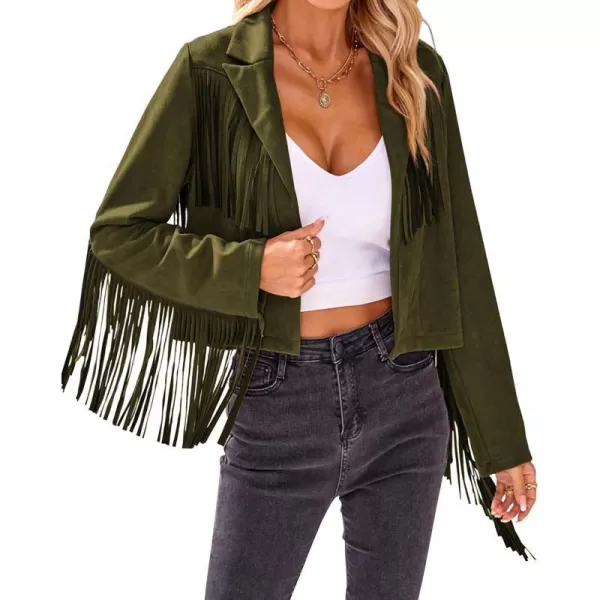 imageBTFBM Women Fashion Cropped Tassel Fringe Faux Suede Leather Jacket Fall Winter Long Sleeve Lapel Neck Moto Coat OutwearSolid Dark Army Green