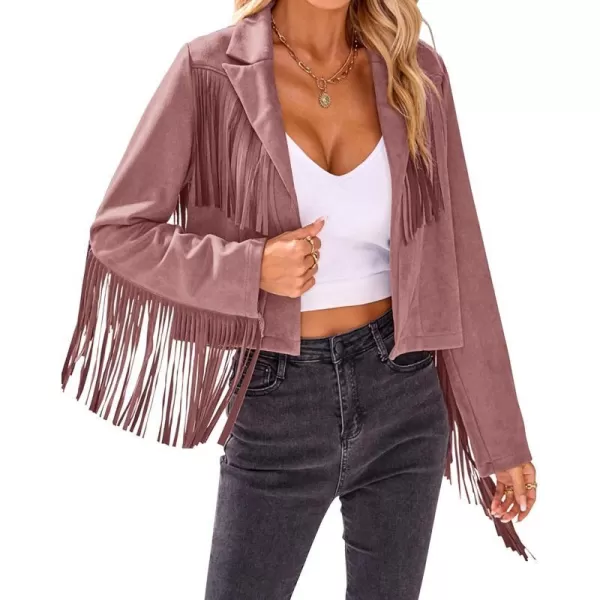 imageBTFBM Women Fashion Cropped Tassel Fringe Faux Suede Leather Jacket Fall Winter Long Sleeve Lapel Neck Moto Coat OutwearSolid Dark Pink