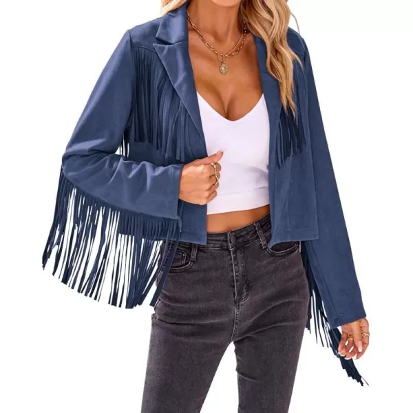 imageBTFBM Women Fashion Cropped Tassel Fringe Faux Suede Leather Jacket Fall Winter Long Sleeve Lapel Neck Moto Coat OutwearSolid Haze Blue
