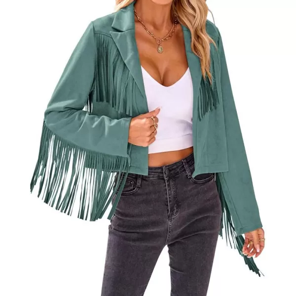 imageBTFBM Women Fashion Cropped Tassel Fringe Faux Suede Leather Jacket Fall Winter Long Sleeve Lapel Neck Moto Coat OutwearSolid Mint Green