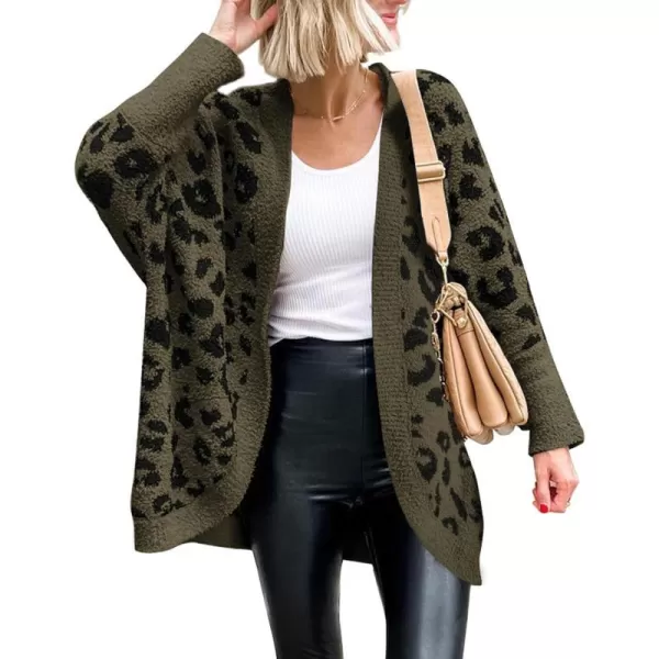 imageBTFBM Women Fashion Leopard Print Long Sleeve Sweater Cardigan Loose Knit Open Front Fall Winter Outwear CoatsLeopard Army Green