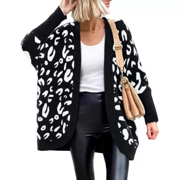 imageBTFBM Women Fashion Leopard Print Long Sleeve Sweater Cardigan Loose Knit Open Front Fall Winter Outwear CoatsLeopard Black