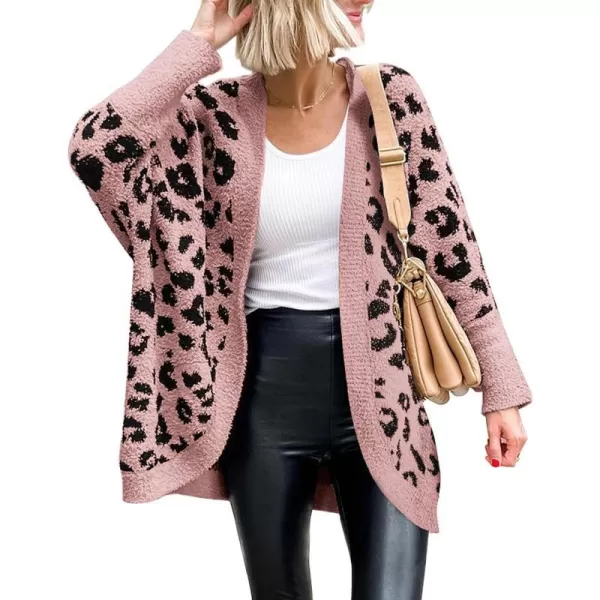 imageBTFBM Women Fashion Leopard Print Long Sleeve Sweater Cardigan Loose Knit Open Front Fall Winter Outwear CoatsLeopard Pink