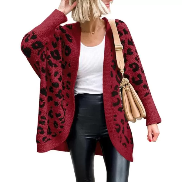 imageBTFBM Women Fashion Leopard Print Long Sleeve Sweater Cardigan Loose Knit Open Front Fall Winter Outwear CoatsLeopard Red
