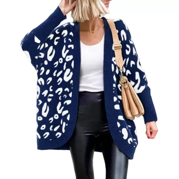 imageBTFBM Women Fashion Leopard Print Long Sleeve Sweater Cardigan Loose Knit Open Front Fall Winter Outwear CoatsLeopard Royal Blue