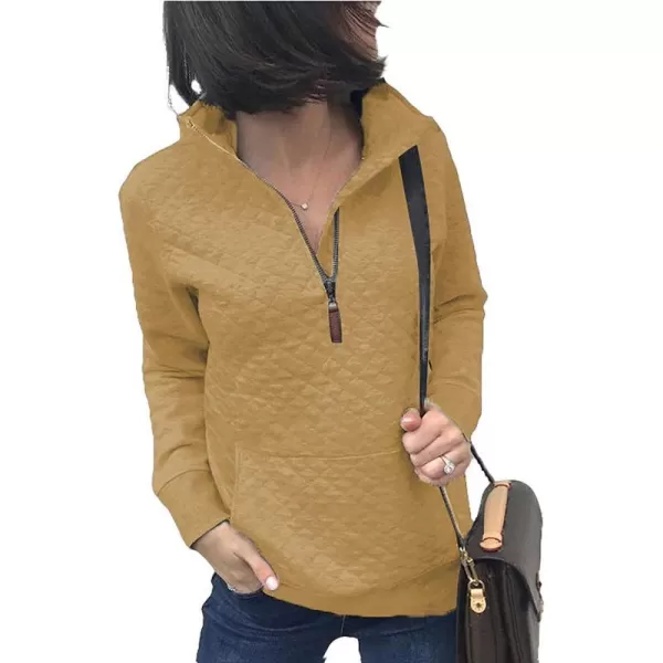 imageBTFBM Women Fashion Quilted Pattern Lightweight Zipper Long Sleeve Plain Casual Ladies Sweatshirts Pullovers Shirts TopsApricot