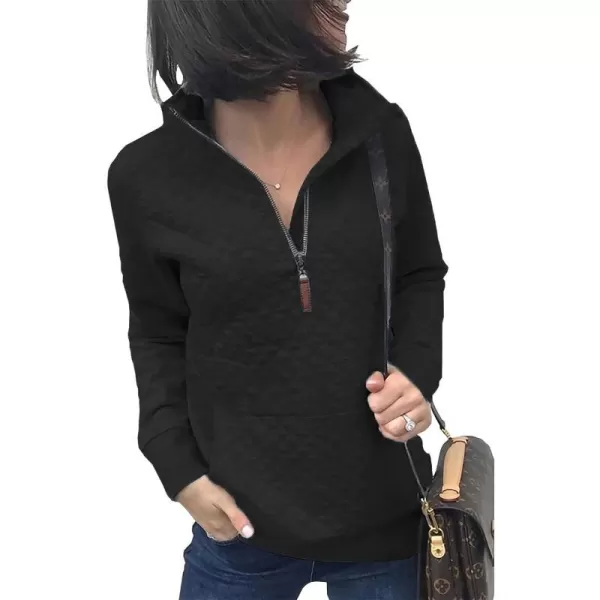 imageBTFBM Women Fashion Quilted Pattern Lightweight Zipper Long Sleeve Plain Casual Ladies Sweatshirts Pullovers Shirts TopsBlack