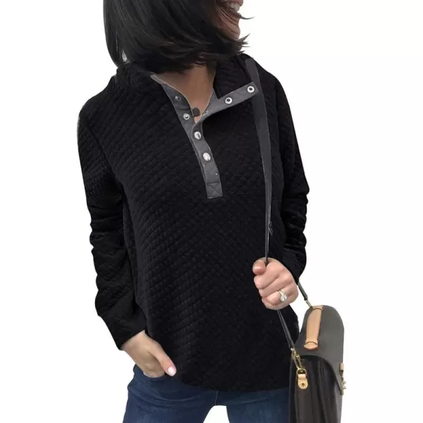 imageBTFBM Women Fashion Quilted Pattern Lightweight Zipper Long Sleeve Plain Casual Ladies Sweatshirts Pullovers Shirts TopsButton Black