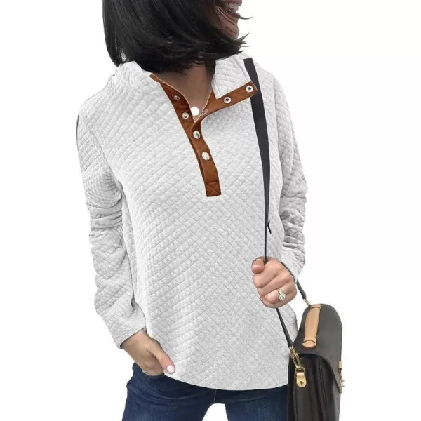 imageBTFBM Women Fashion Quilted Pattern Lightweight Zipper Long Sleeve Plain Casual Ladies Sweatshirts Pullovers Shirts TopsButton White