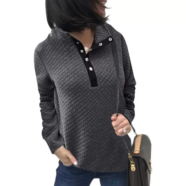 imageBTFBM Women Fashion Quilted Pattern Lightweight Zipper Long Sleeve Plain Casual Ladies Sweatshirts Pullovers Shirts TopsButtons Grey