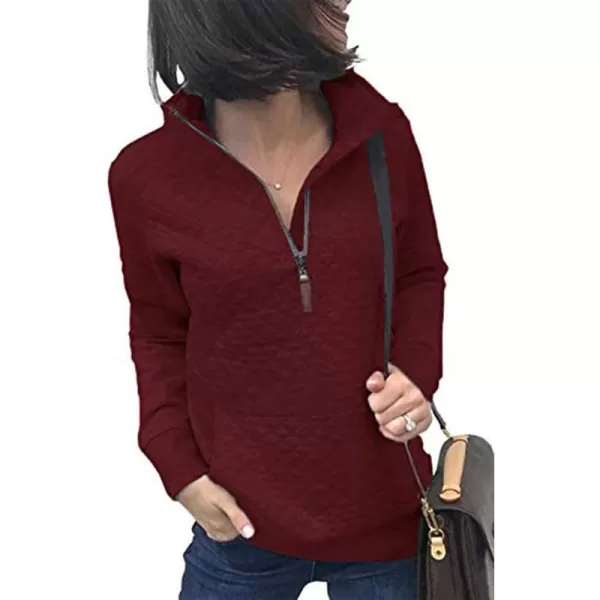 imageBTFBM Women Fashion Quilted Pattern Lightweight Zipper Long Sleeve Plain Casual Ladies Sweatshirts Pullovers Shirts TopsWine Red
