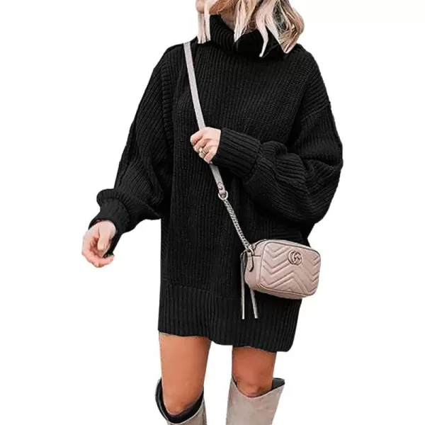 imageBTFBM Women Fashion Sweater Short Dress Long Sleeve Turtleneck Oversized Fall Winter Soft Chunky Knit Pullover SweatersSolid Black