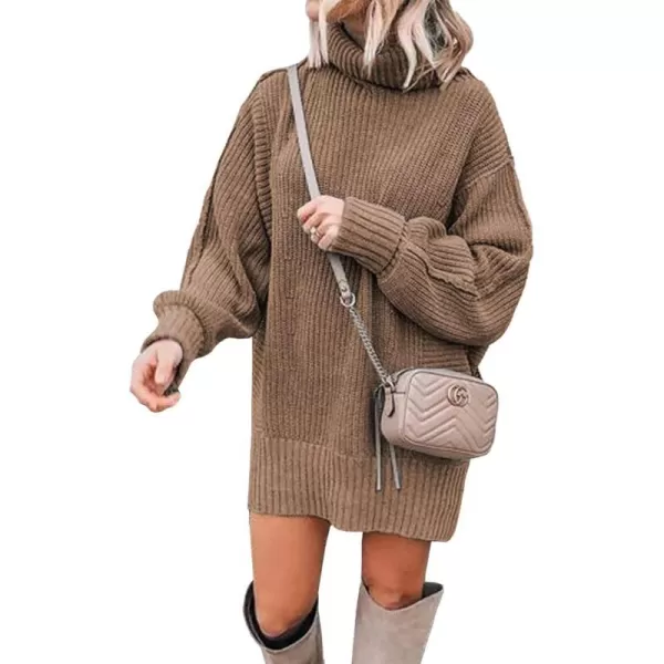 imageBTFBM Women Fashion Sweater Short Dress Long Sleeve Turtleneck Oversized Fall Winter Soft Chunky Knit Pullover SweatersSolid Khaki
