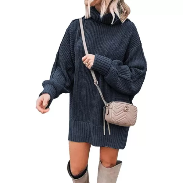 imageBTFBM Women Fashion Sweater Short Dress Long Sleeve Turtleneck Oversized Fall Winter Soft Chunky Knit Pullover SweatersSolid Navy