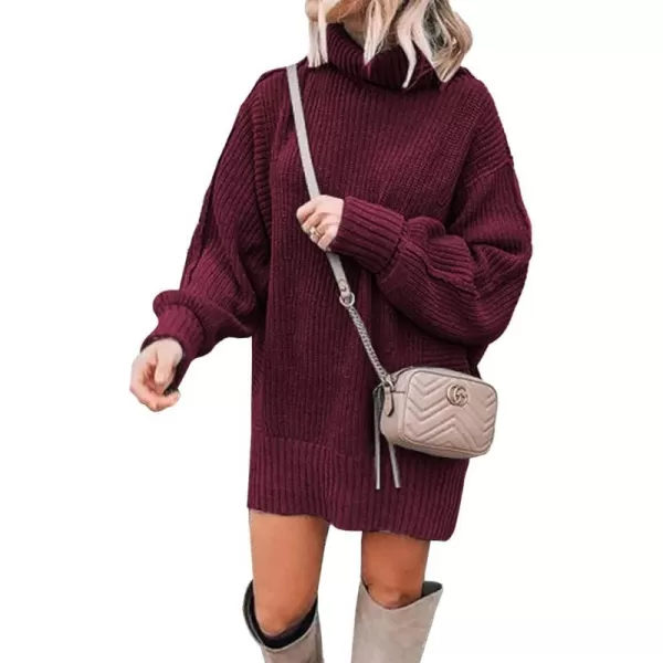 imageBTFBM Women Fashion Sweater Short Dress Long Sleeve Turtleneck Oversized Fall Winter Soft Chunky Knit Pullover SweatersSolid Wine Red
