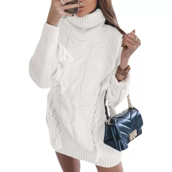 imageBTFBM Women Fashion Sweater Short Dress Long Sleeve Turtleneck Oversized Fall Winter Soft Chunky Knit Pullover SweatersTassel Beige White