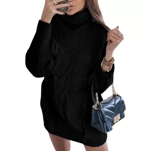 imageBTFBM Women Fashion Sweater Short Dress Long Sleeve Turtleneck Oversized Fall Winter Soft Chunky Knit Pullover SweatersTassel Black