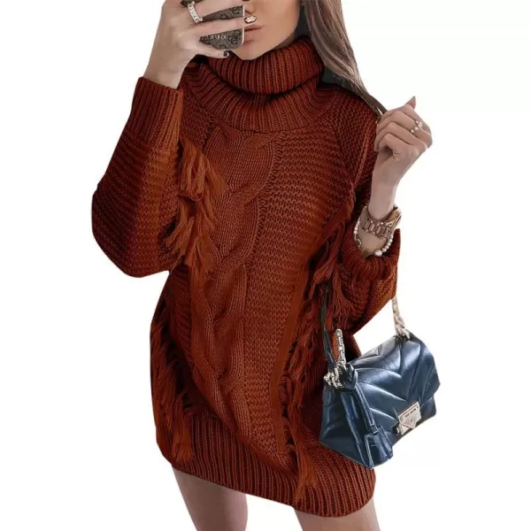 imageBTFBM Women Fashion Sweater Short Dress Long Sleeve Turtleneck Oversized Fall Winter Soft Chunky Knit Pullover SweatersTassel Caramel