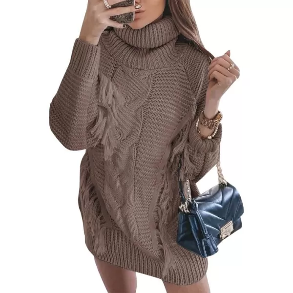 imageBTFBM Women Fashion Sweater Short Dress Long Sleeve Turtleneck Oversized Fall Winter Soft Chunky Knit Pullover SweatersTassel Coffee