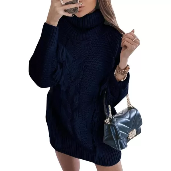 imageBTFBM Women Fashion Sweater Short Dress Long Sleeve Turtleneck Oversized Fall Winter Soft Chunky Knit Pullover SweatersTassel Navy