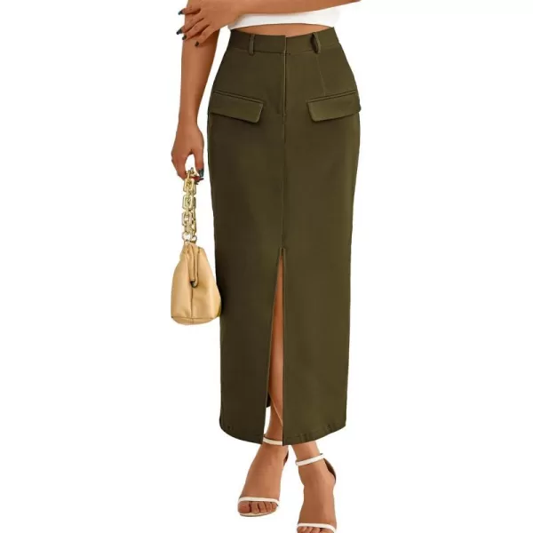 imageBTFBM Women High Waisted Maxi Skirt Trendy Summer Slim Business Casual Dresses Decorative Pocket Long Skirts with SlitSolid Army Green
