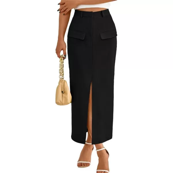 imageBTFBM Women High Waisted Maxi Skirt Trendy Summer Slim Business Casual Dresses Decorative Pocket Long Skirts with SlitSolid Black