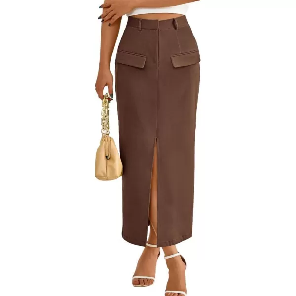 imageBTFBM Women High Waisted Maxi Skirt Trendy Summer Slim Business Casual Dresses Decorative Pocket Long Skirts with SlitSolid Brown