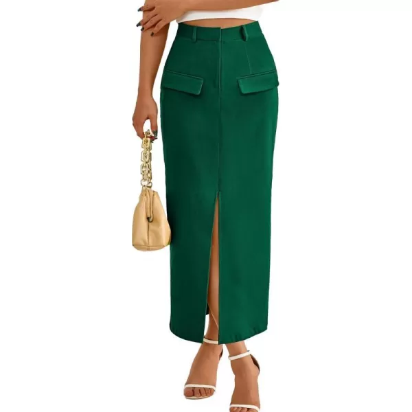 imageBTFBM Women High Waisted Maxi Skirt Trendy Summer Slim Business Casual Dresses Decorative Pocket Long Skirts with SlitSolid Dark Green