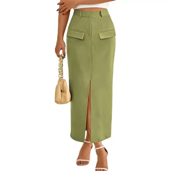 imageBTFBM Women High Waisted Maxi Skirt Trendy Summer Slim Business Casual Dresses Decorative Pocket Long Skirts with SlitSolid Grass Green