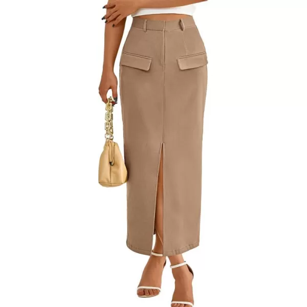 imageBTFBM Women High Waisted Maxi Skirt Trendy Summer Slim Business Casual Dresses Decorative Pocket Long Skirts with SlitSolid Khaki