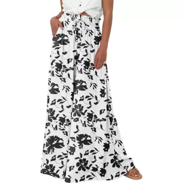 imageBTFBM Women High Waisted Wide Leg Pants Summer Casual Flowy Lounge Palazzo Pants Floral Solid Beach Trousers with PocketPrint Black